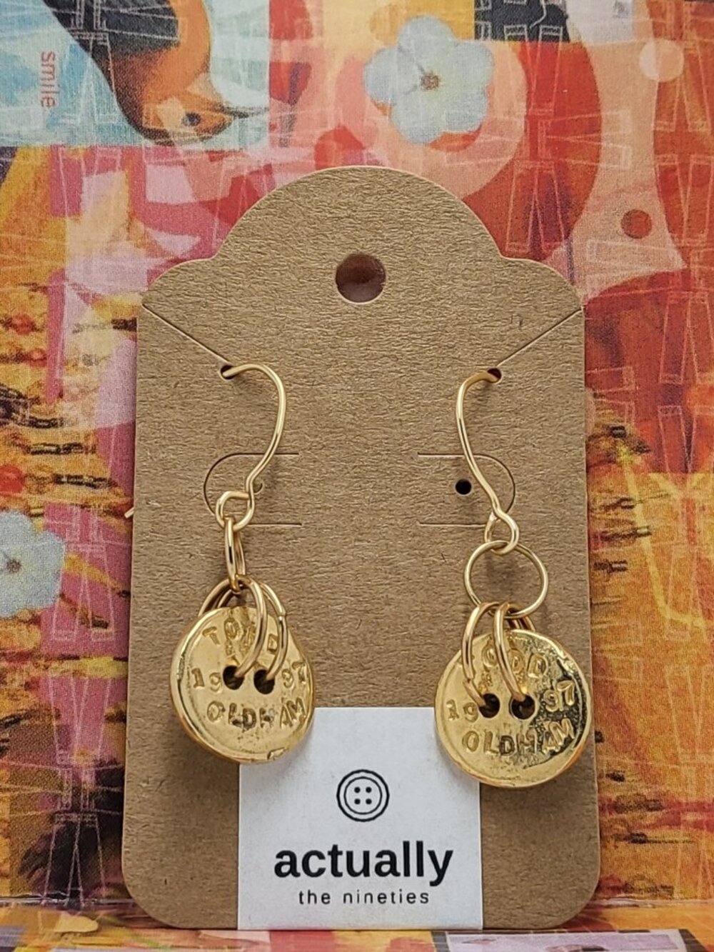 Earrings with vintage Todd Oldham Buttons 90s 24K Gold